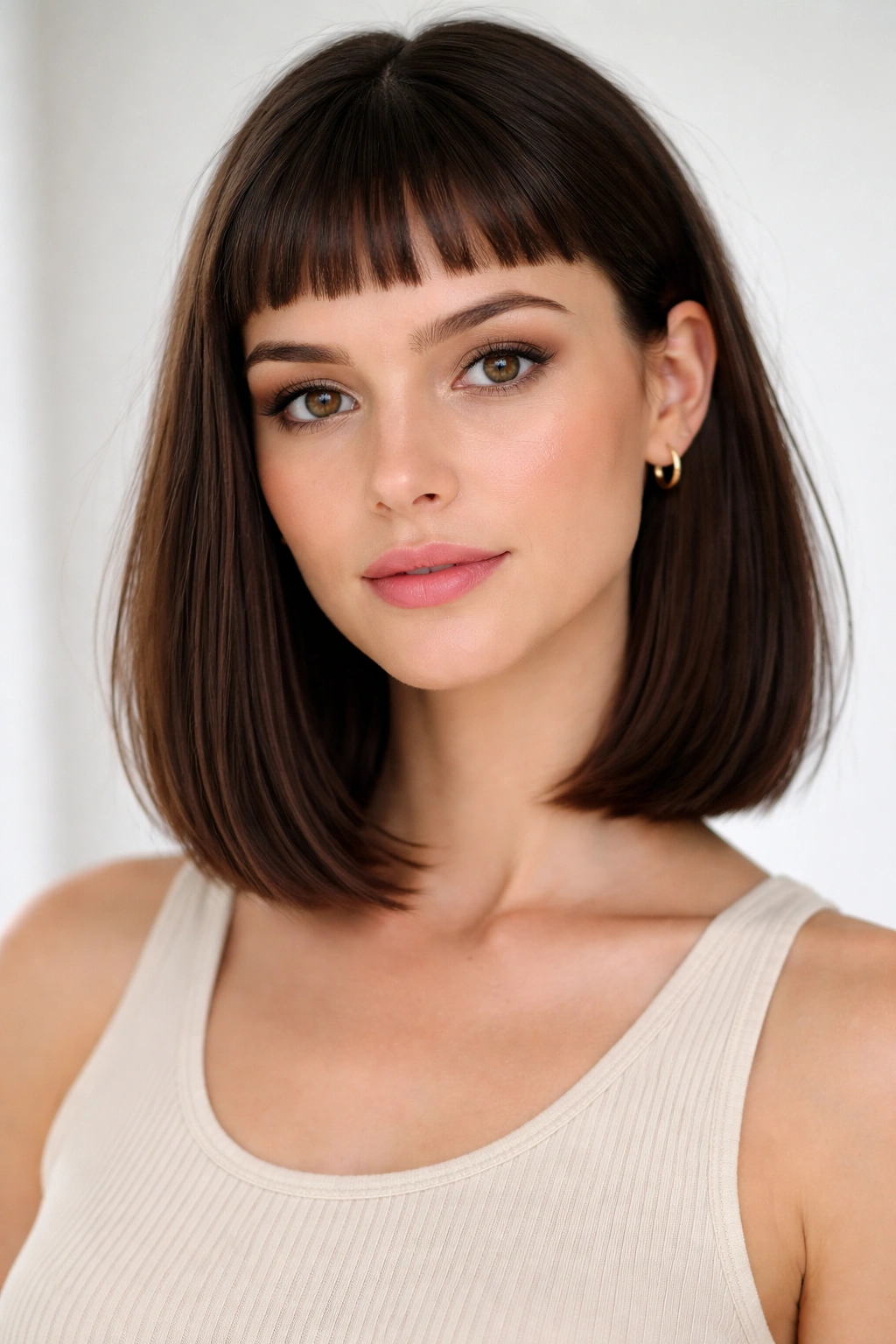 Long bob with micro bangs on an oblong-faced model under bright studio lighting