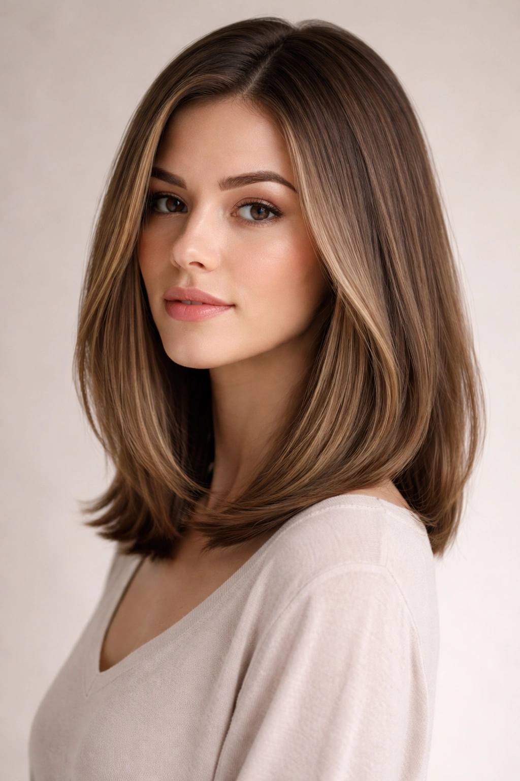 Shoulder-length lob with smooth silhouette and subtle layers