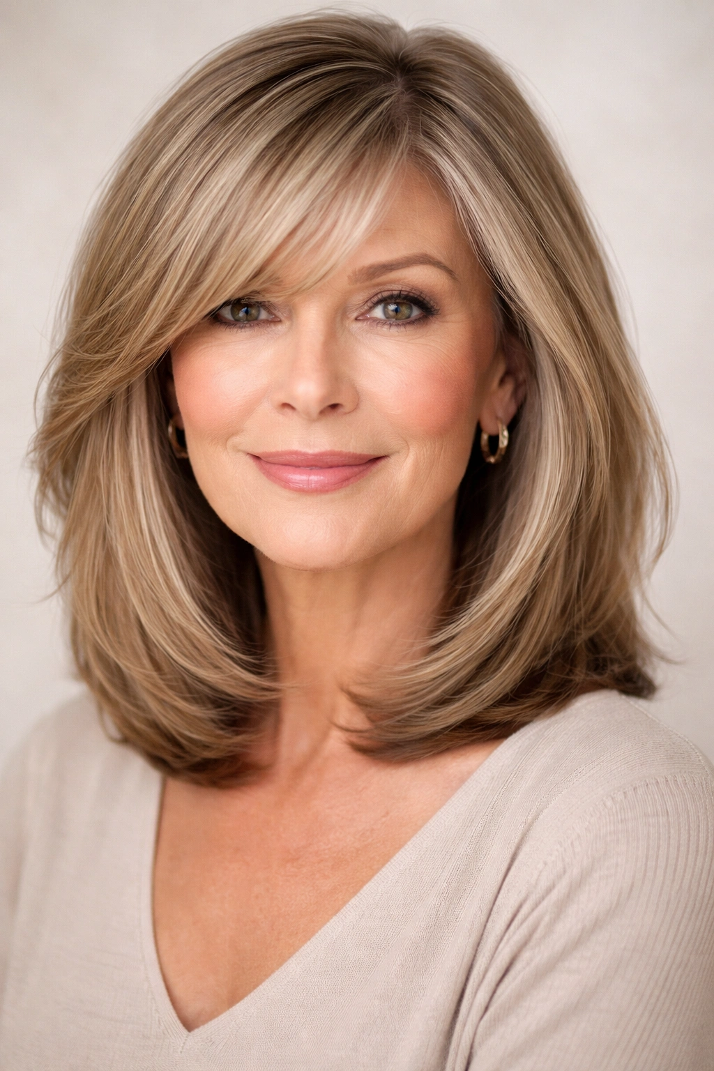 Portrait of a woman with long bob and side-swept bangs