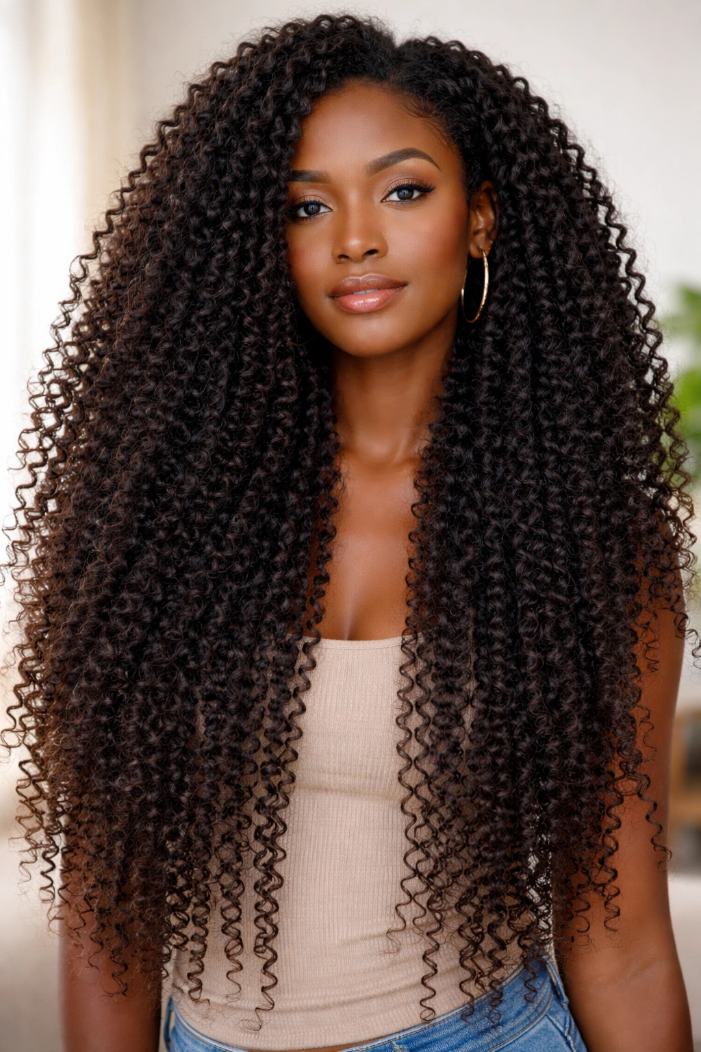 Long coily hair with minimal layering and natural coil pattern