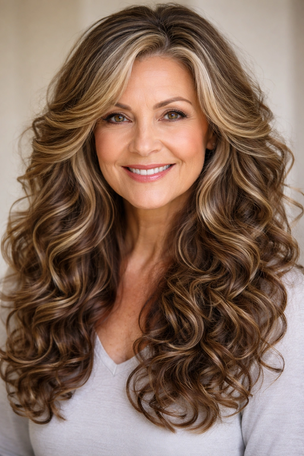 Long curls with face-framing highlights and layered texture.