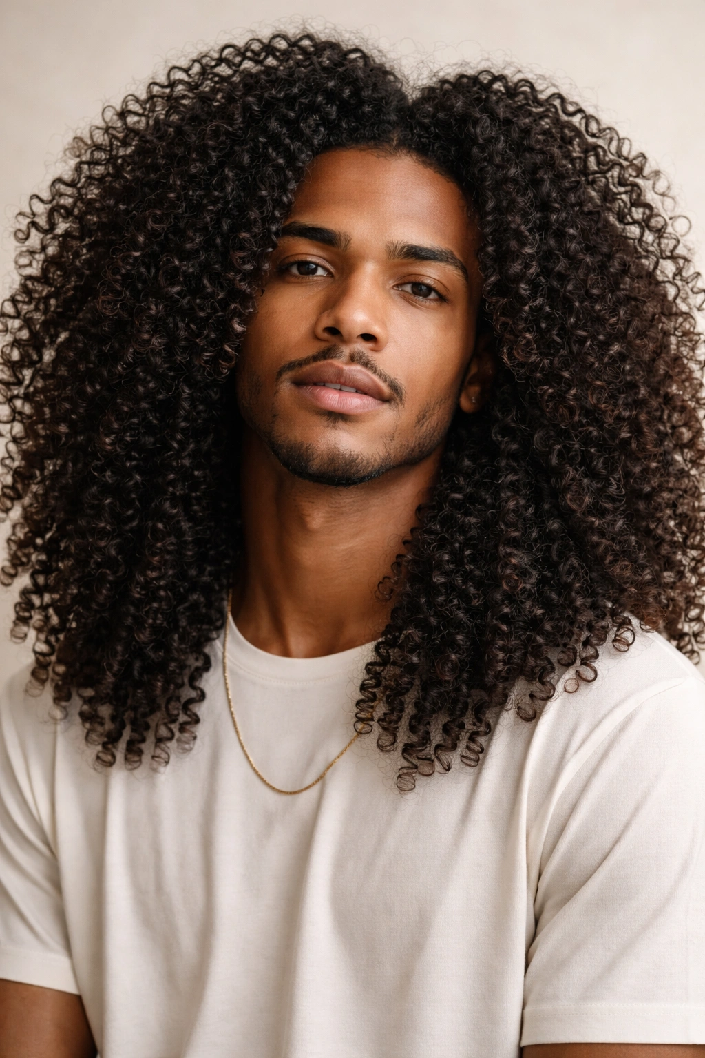 Man with a long curly afro and defined curls under soft studio lighting