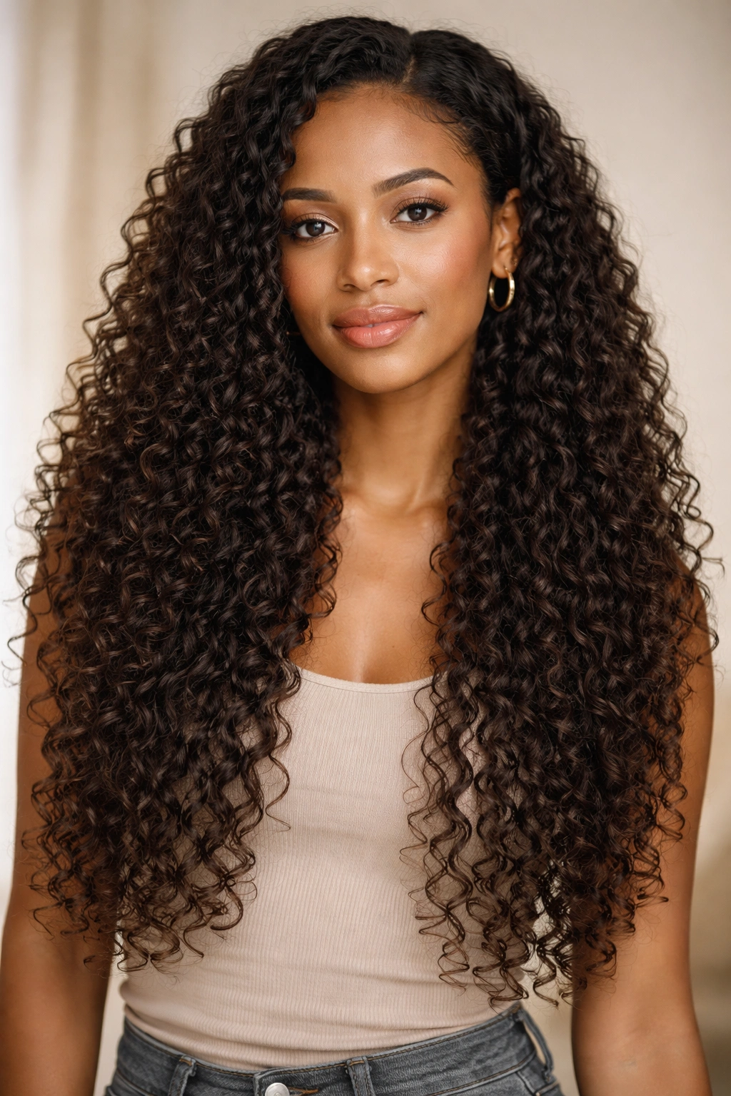 Portrait of long curly hair with minimal layers showing defined curls and length
