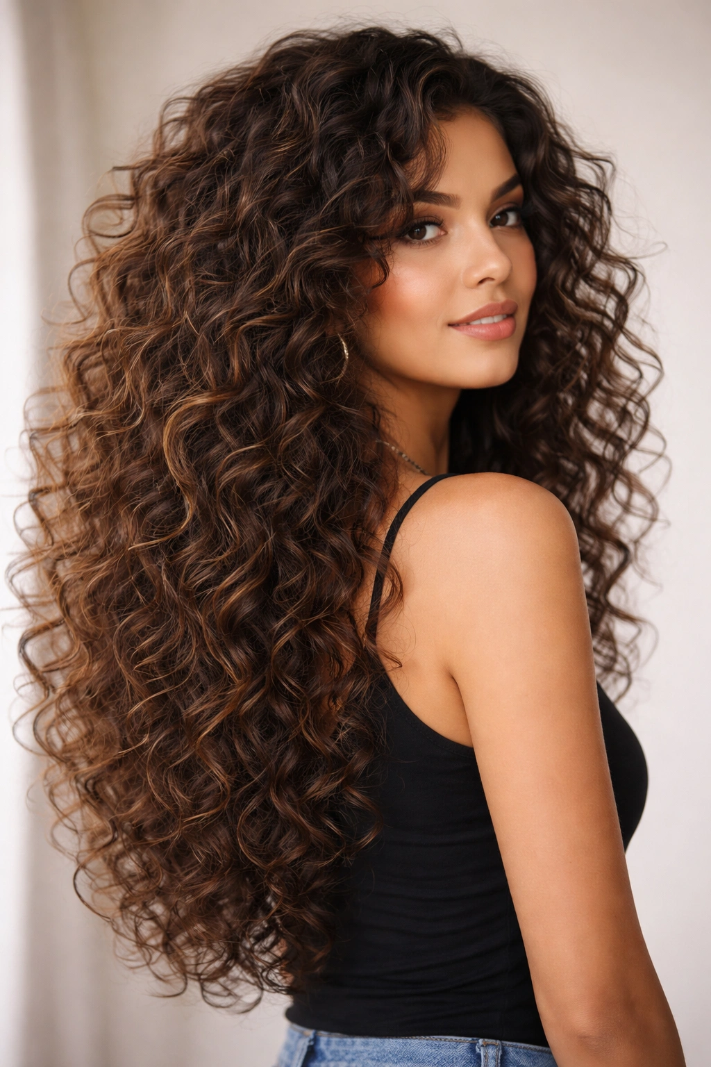 Long curly layers hairstyle with full texture and movement on thick curls.