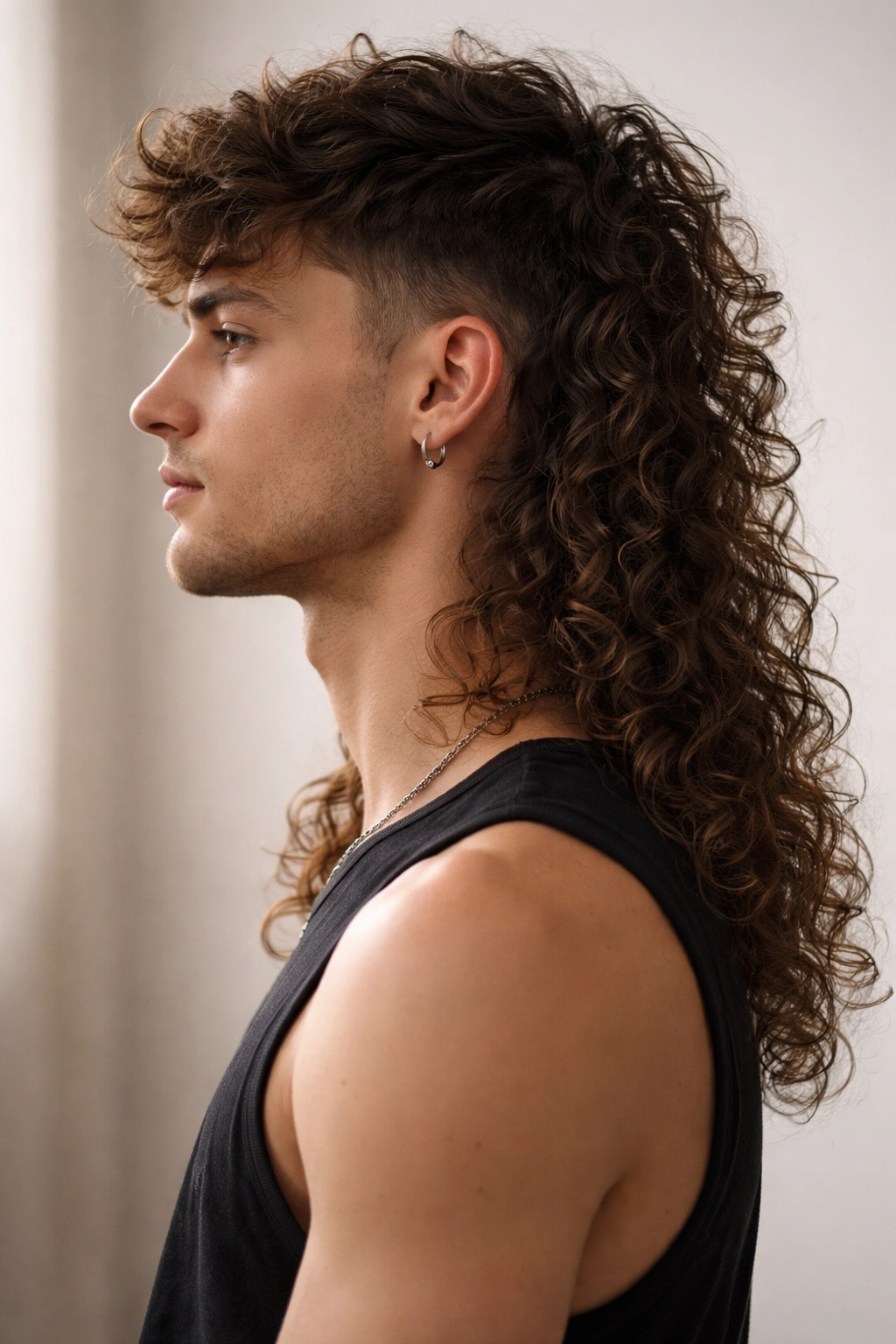 12 Curly Mullet Cuts With Serious Texture And Body 11 Profile view of a long curly mullet with short front and shoulder-length back curls.