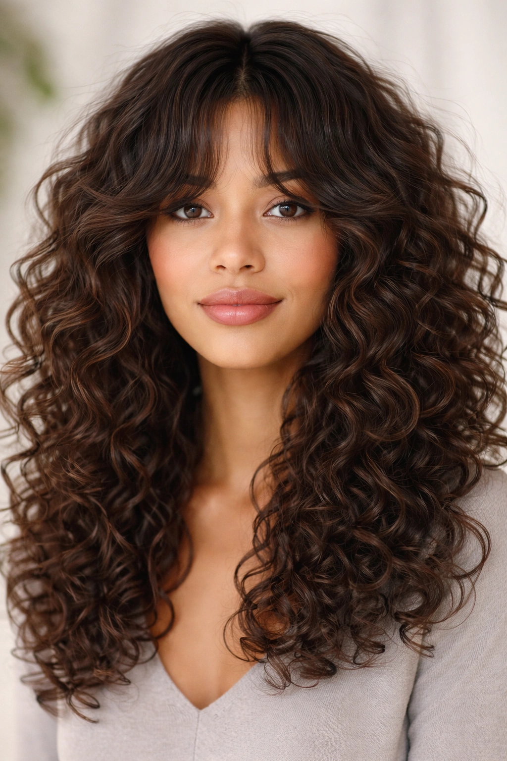 Portrait with long curtain bangs framing the face
