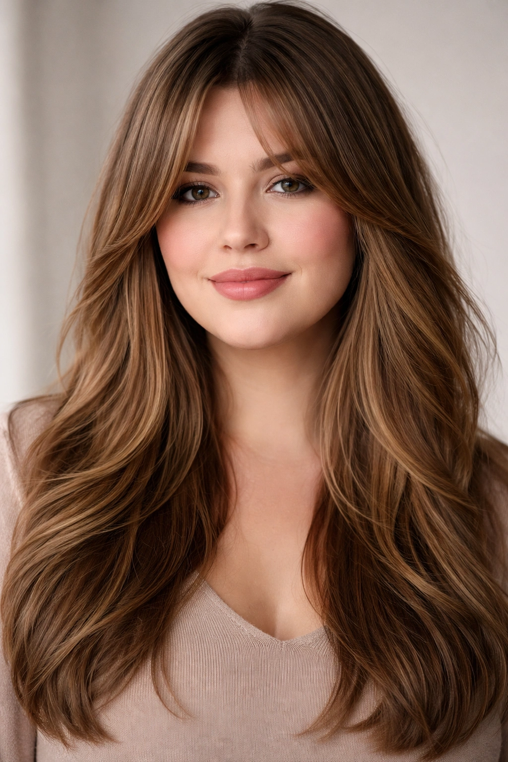 Hair featuring long curtain bangs and layered length creating a slimming vertical frame.
