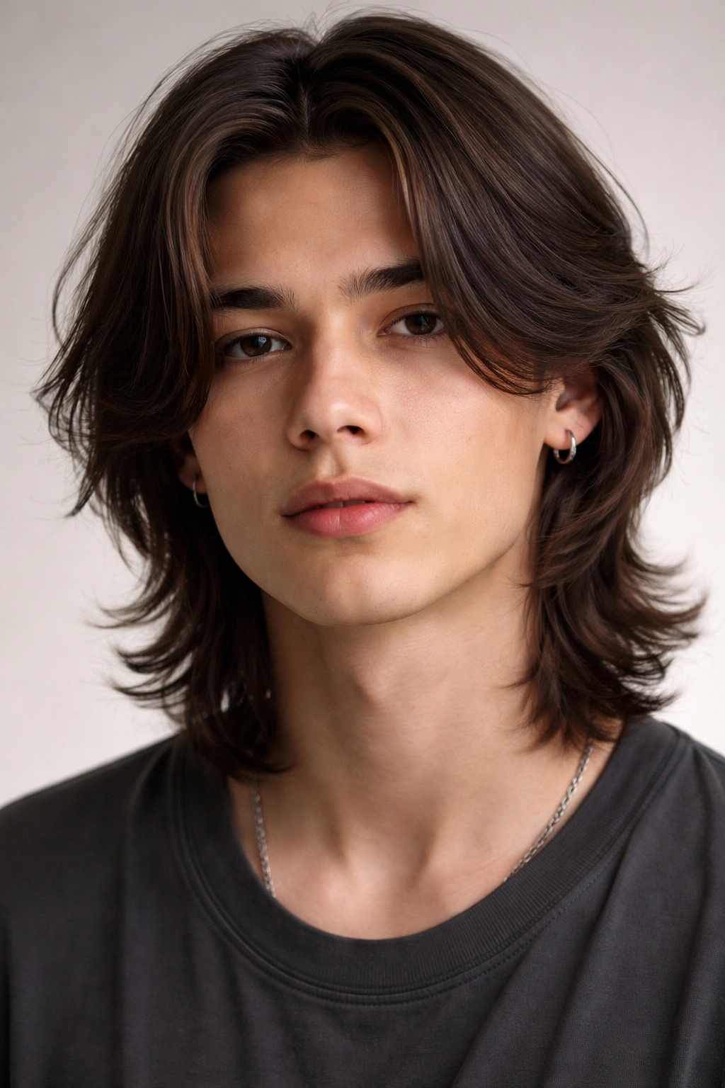 Male portrait with long curtain haircut and center part