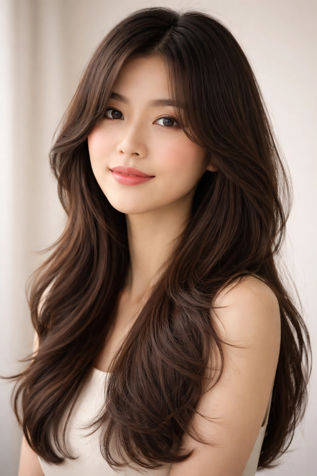 Model with long curtain layers framing the face and falling past shoulders