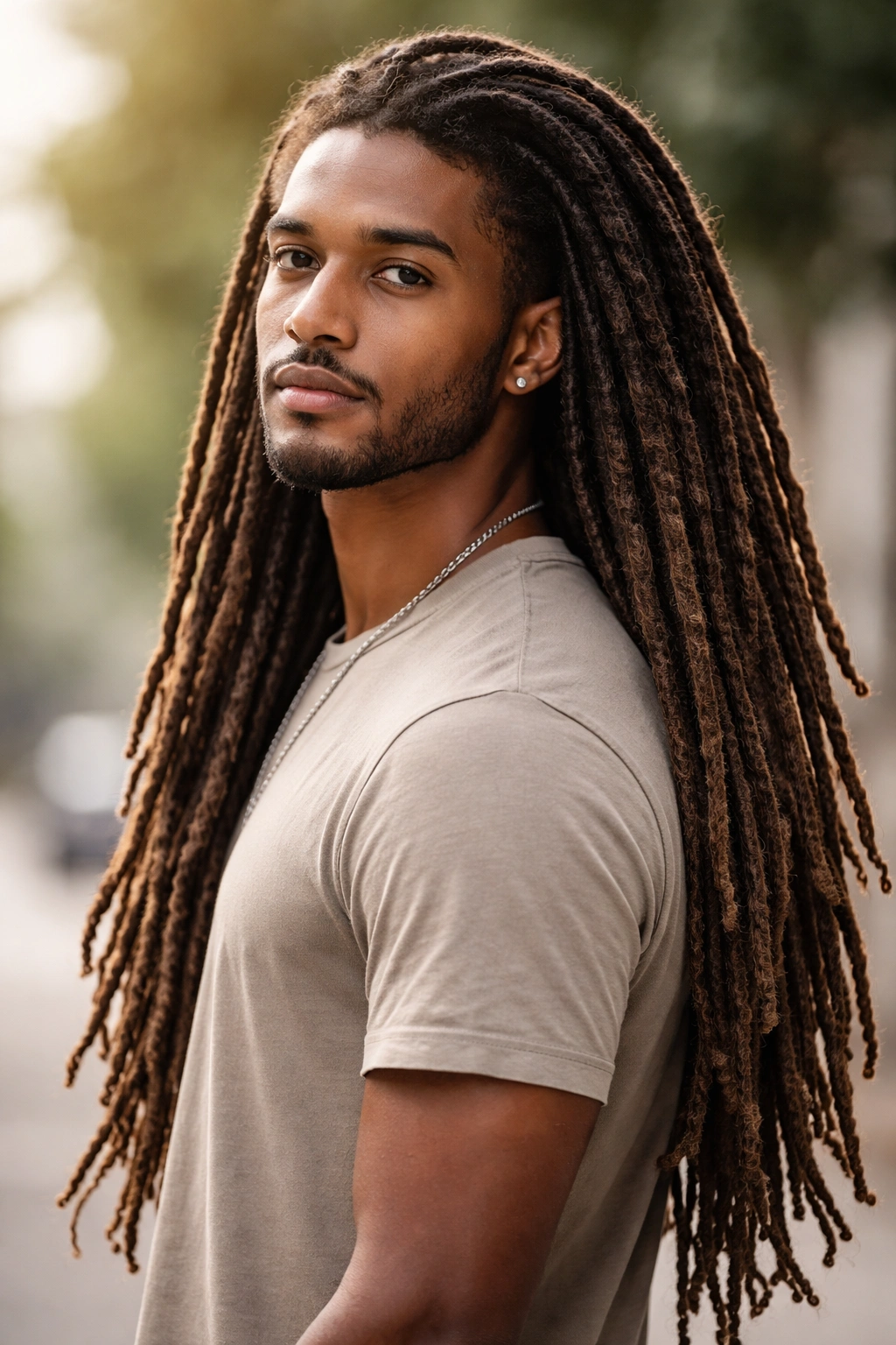 Person with long dreadlocks flowing over shoulders