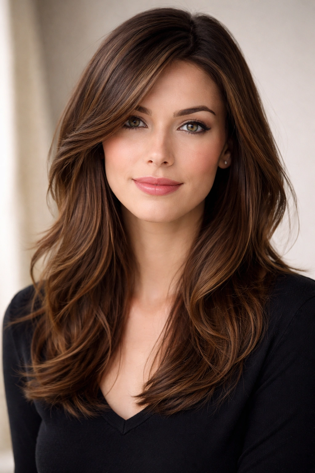 Portrait of a person with a long face and a balanced layered hairstyle with a deep side part and soft waves in a neutral studio.