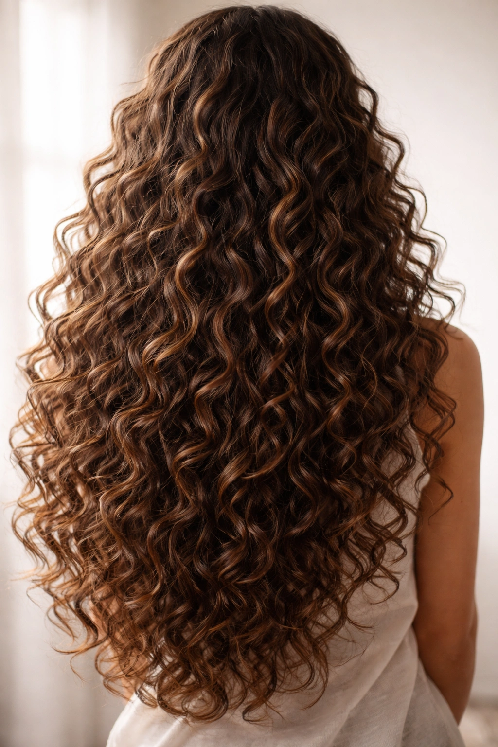 Long flowing curls cascading naturally with shine