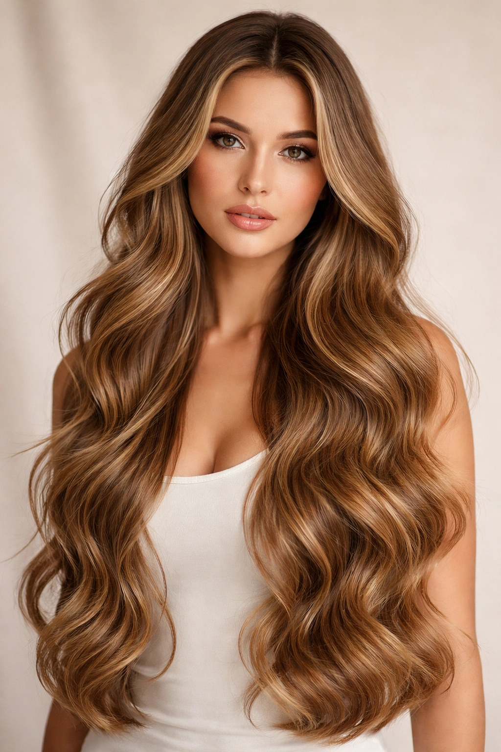 Waist-length hair with cascading long waves and shine