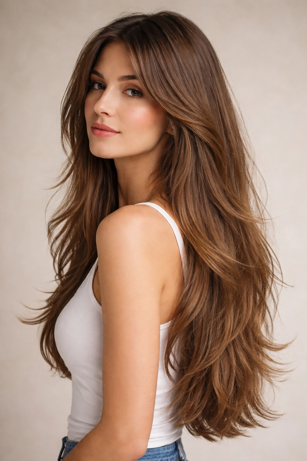 Long waist-length hair with subtle French layers framing the face