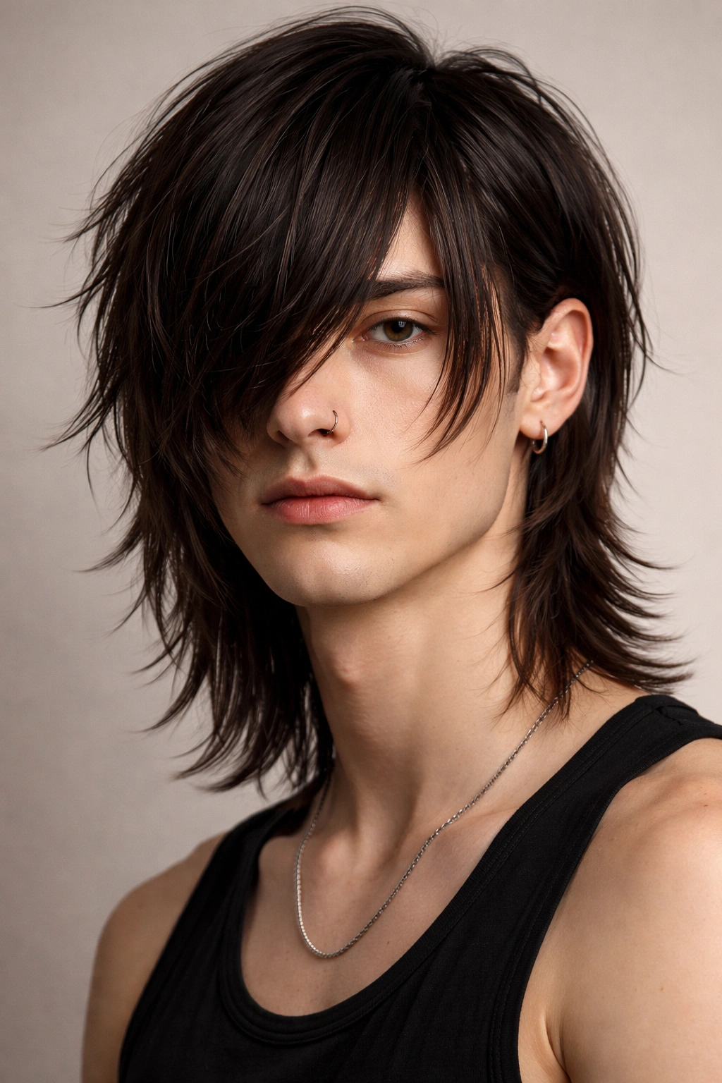 Male model with long textured fringe and short back hairstyle