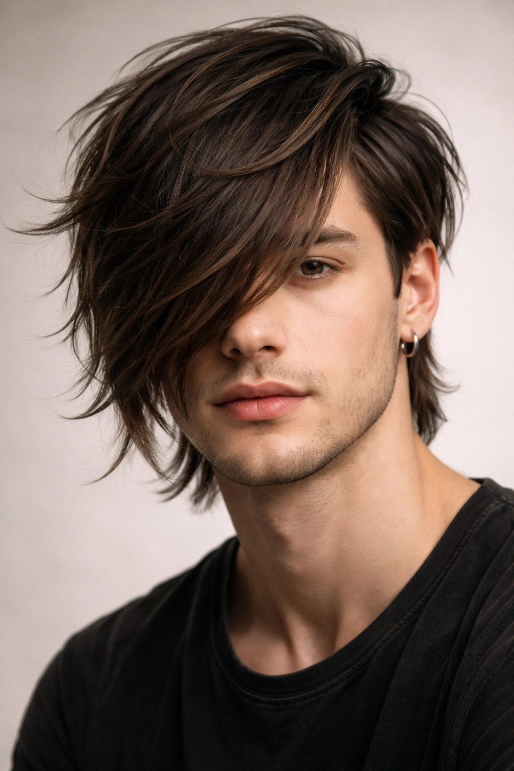 Man with long, side-swept fringe creating a soft, romantic frame.
