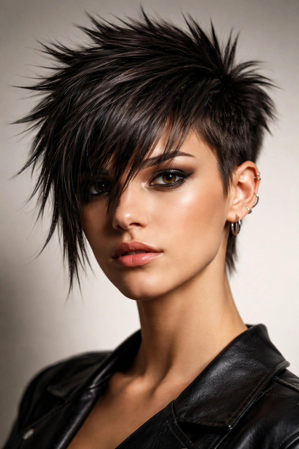 Long spiky fringe hairstyle with dramatic forehead fringe