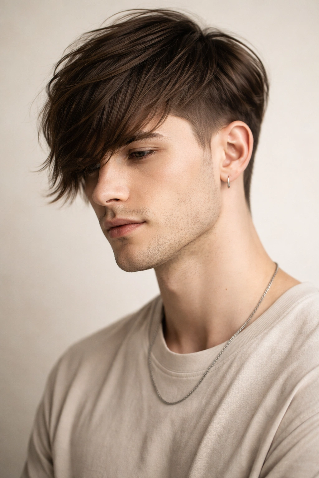 Man with long fringe and tapering sides hairstyle