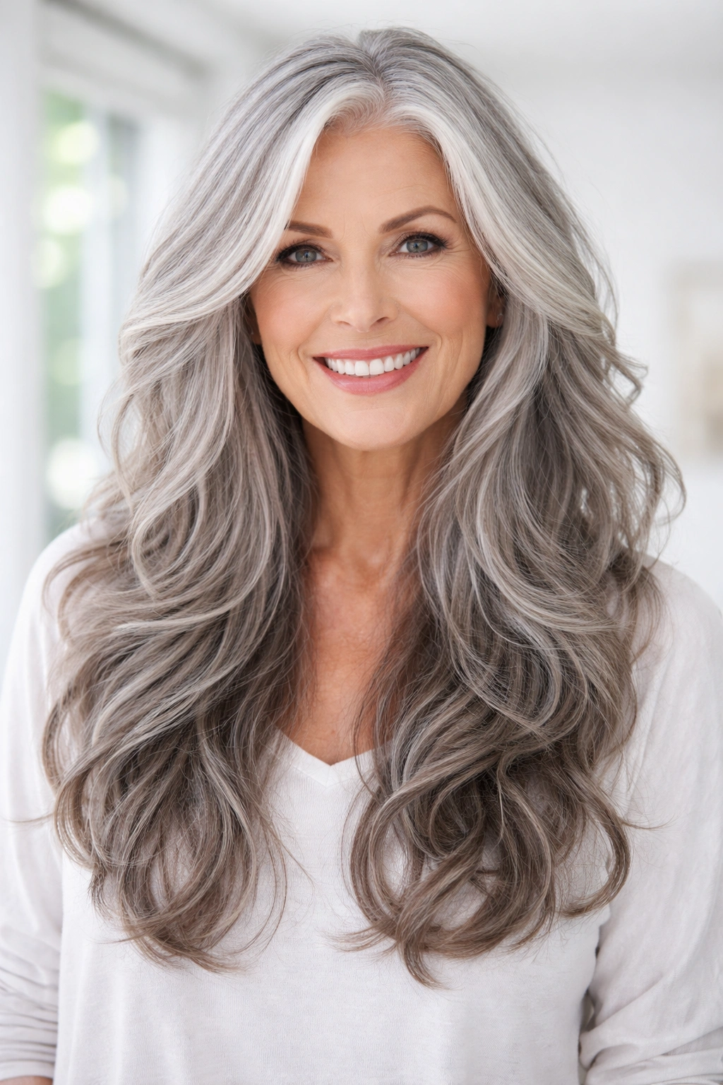 Portrait of a woman with long gray hair in soft waves and layered ends