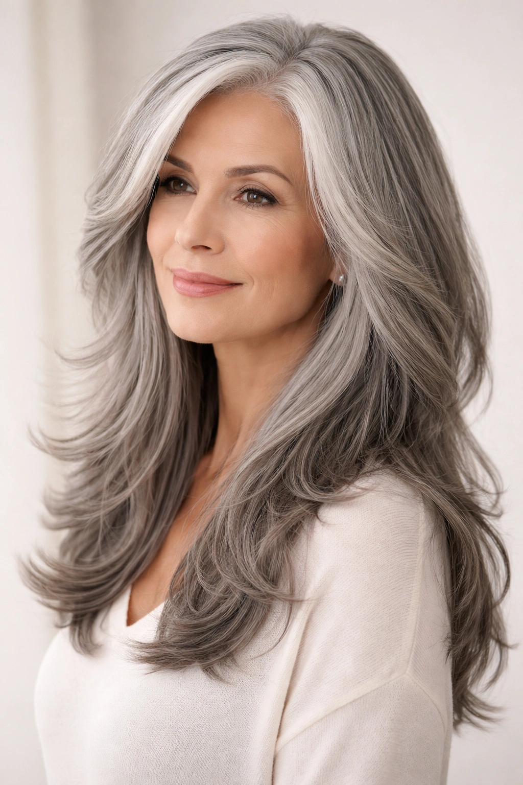 Portrait of a woman with long gray hair and soft face-framing layers