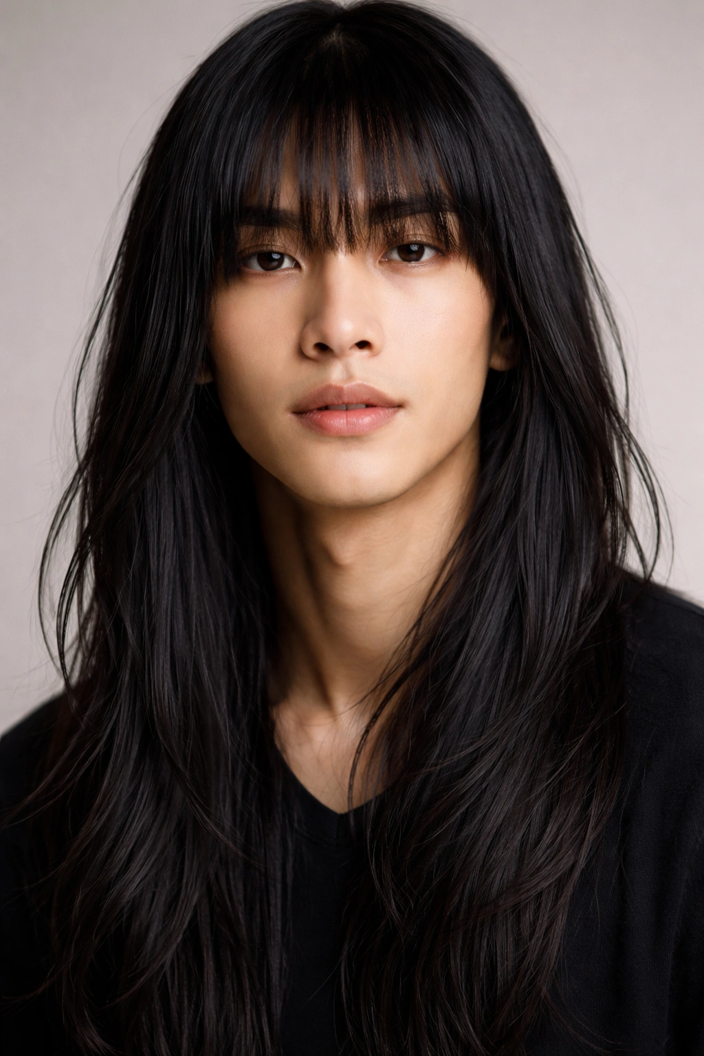 Man with long hair and blunt bangs