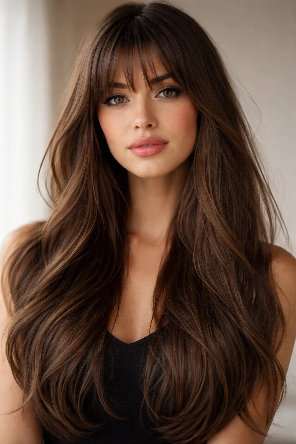 25 Hairstyles For Women Sorted By Length 21 Long hair with bangs framing the face in a studio portrait