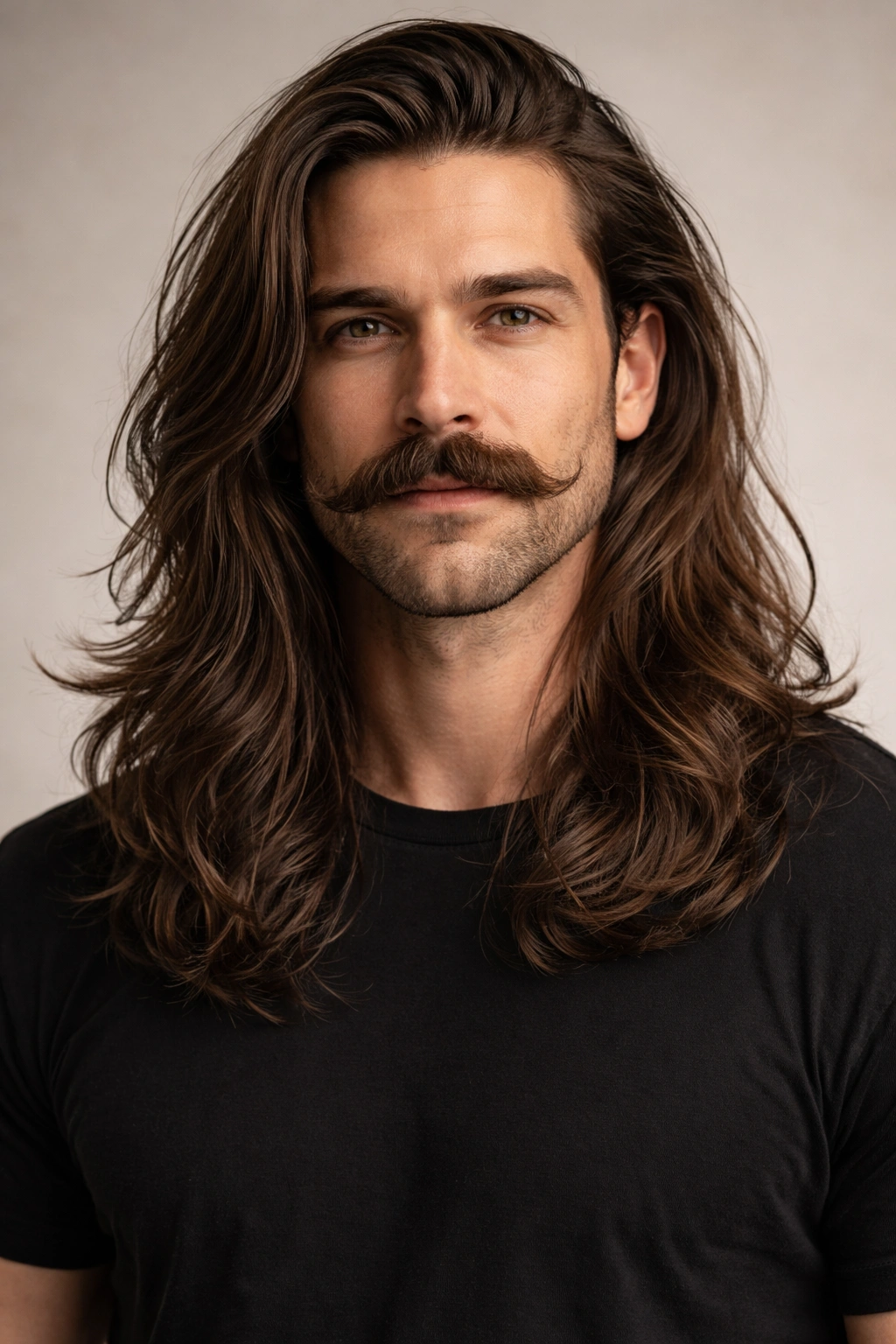 Portrait of a man with long hair and a bushy mustache.