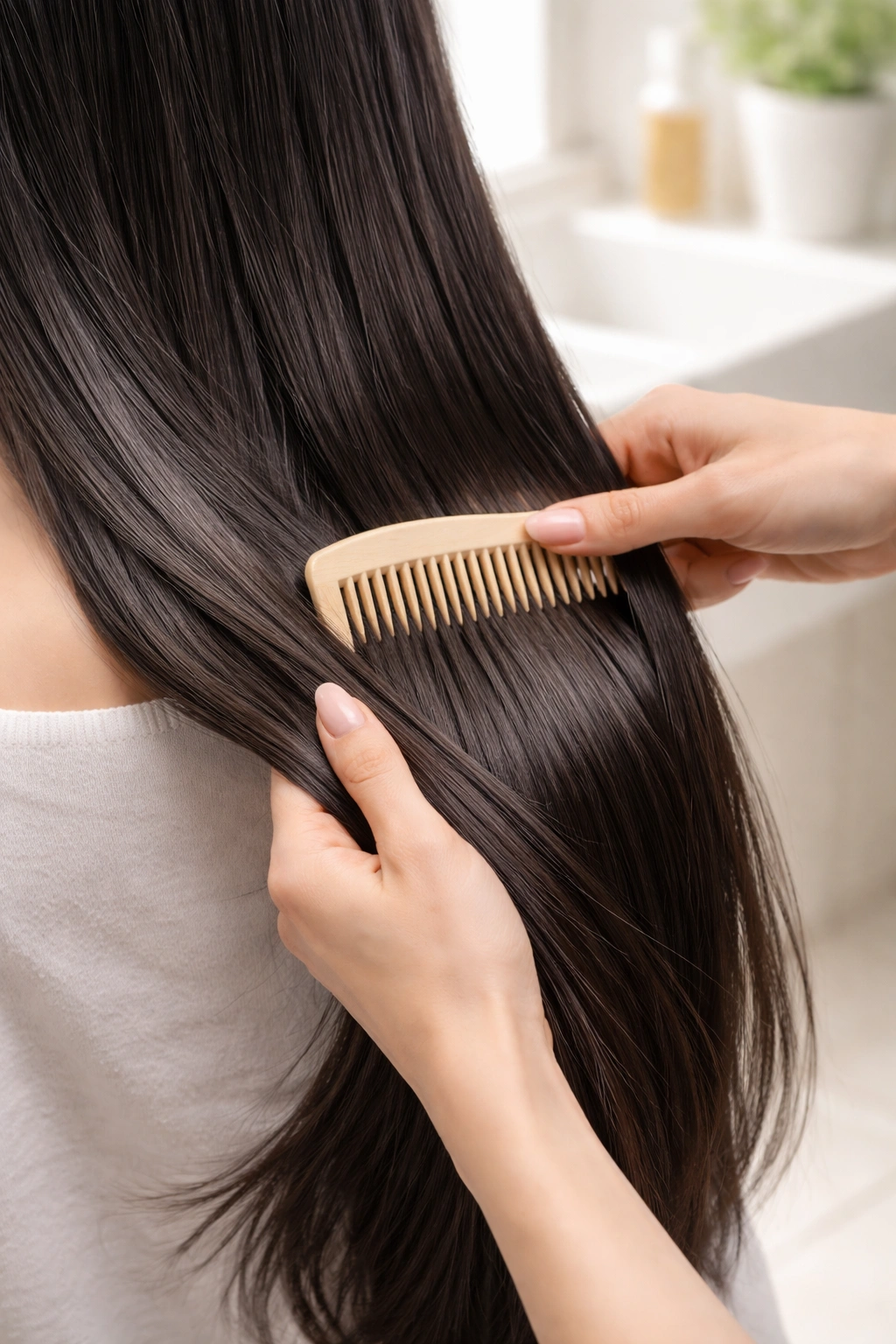 Close-up of hands detangling long hair focusing on mid-lengths to ends