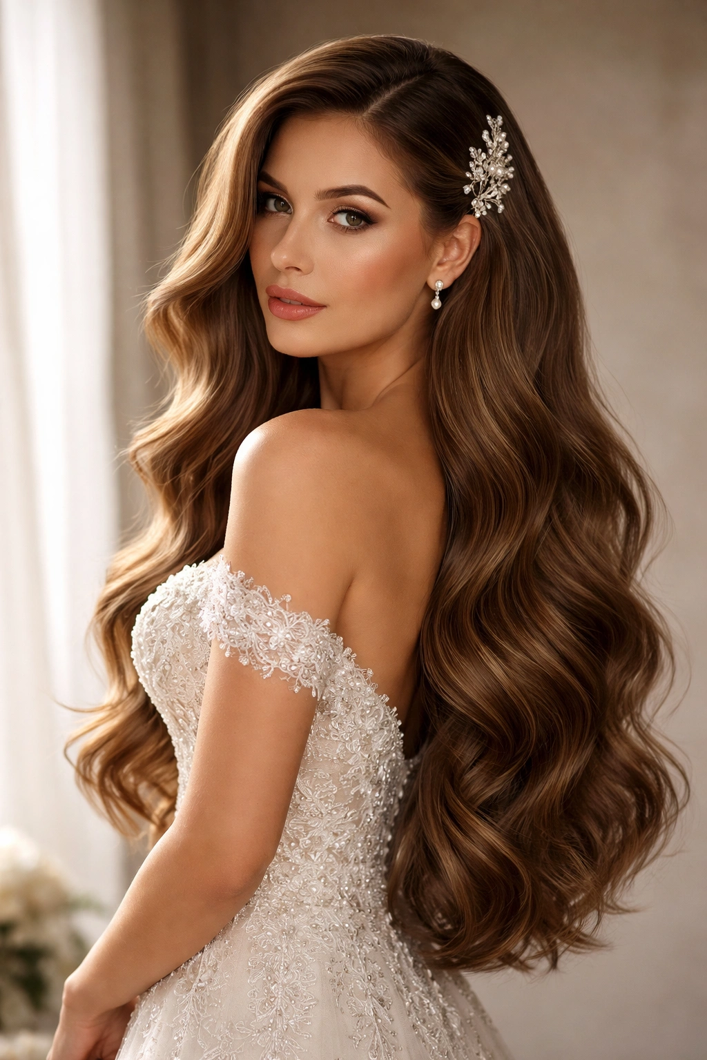 Bride with long hair in dramatic softly waved down style and deep side part
