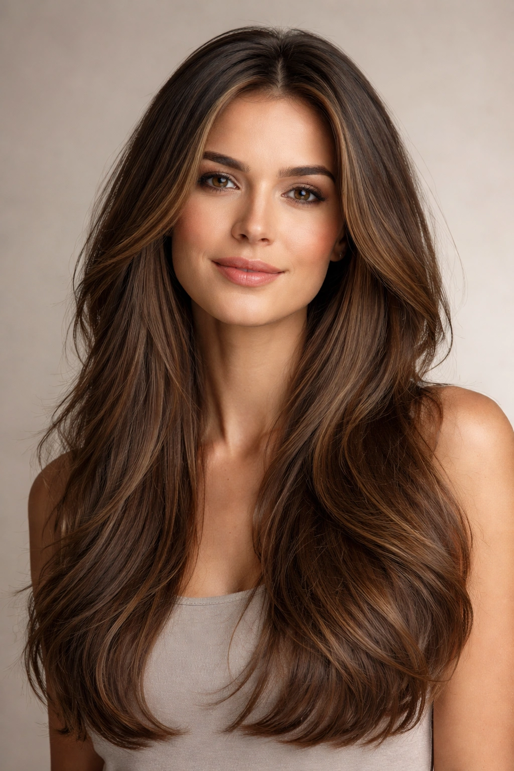 Portrait of a woman with long hair and face-framing layers