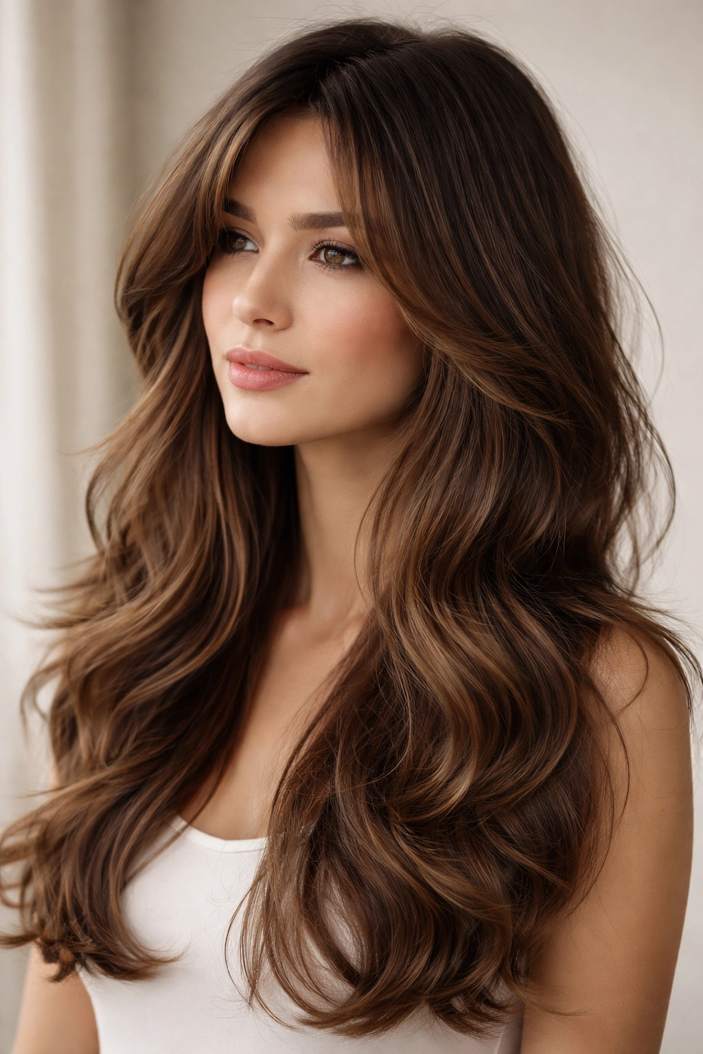 15 Hairstyles That Complement A Longer Face Shape 9 Portrait of Long Hair with Face-Framing Layers and Waves showing ear-level layers and soft waves