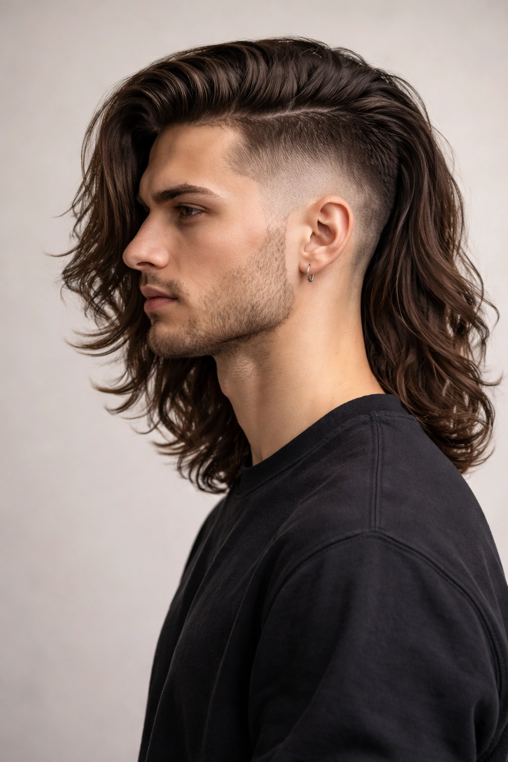 Man with long top hair and a fade on the sides in a studio portrait
