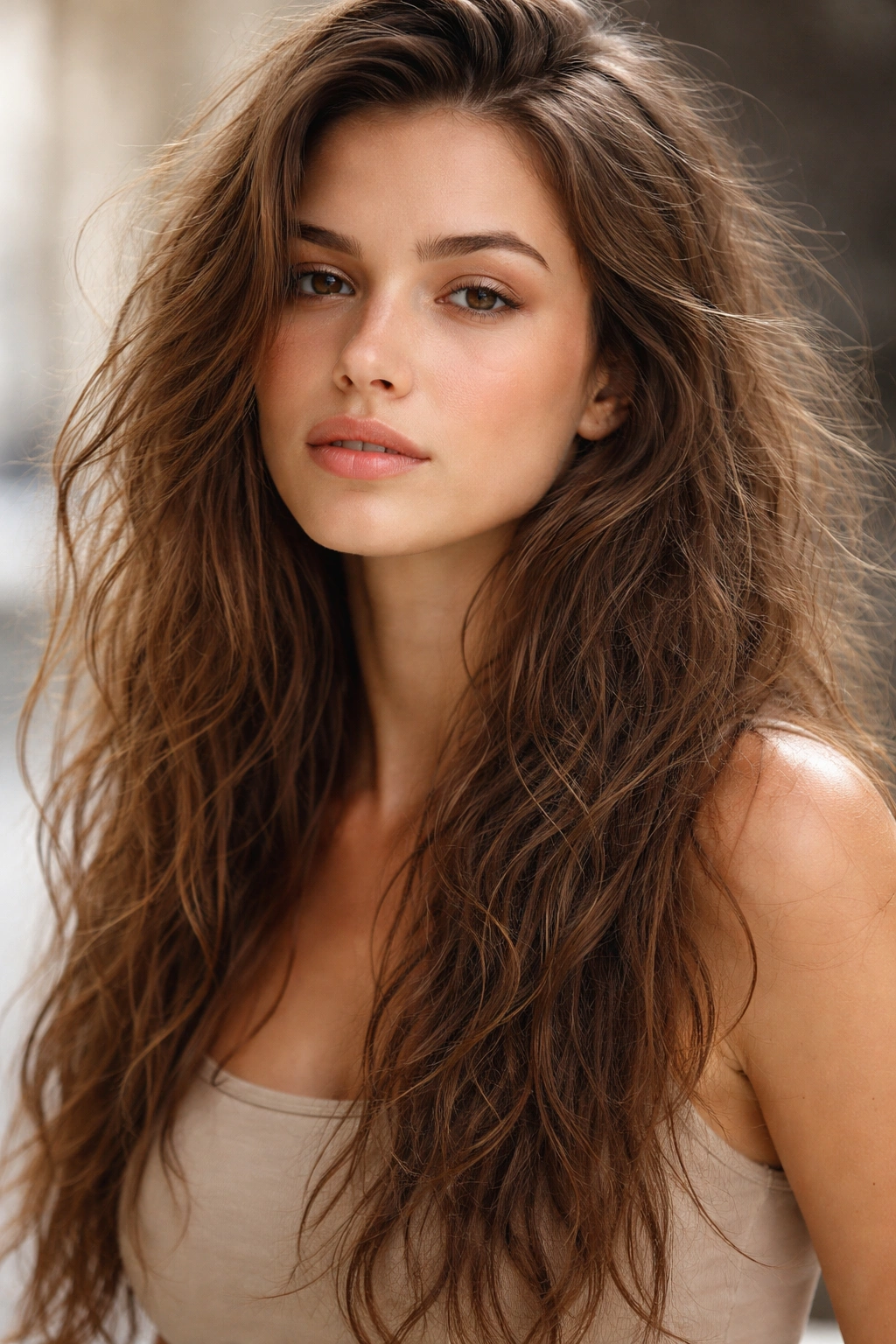 Close-up of long hair with subtle frizz against a neutral backdrop