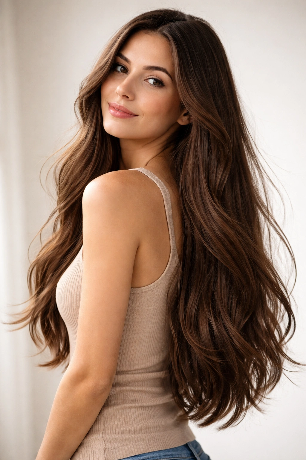Portrait of a person with long hair flowing past shoulders