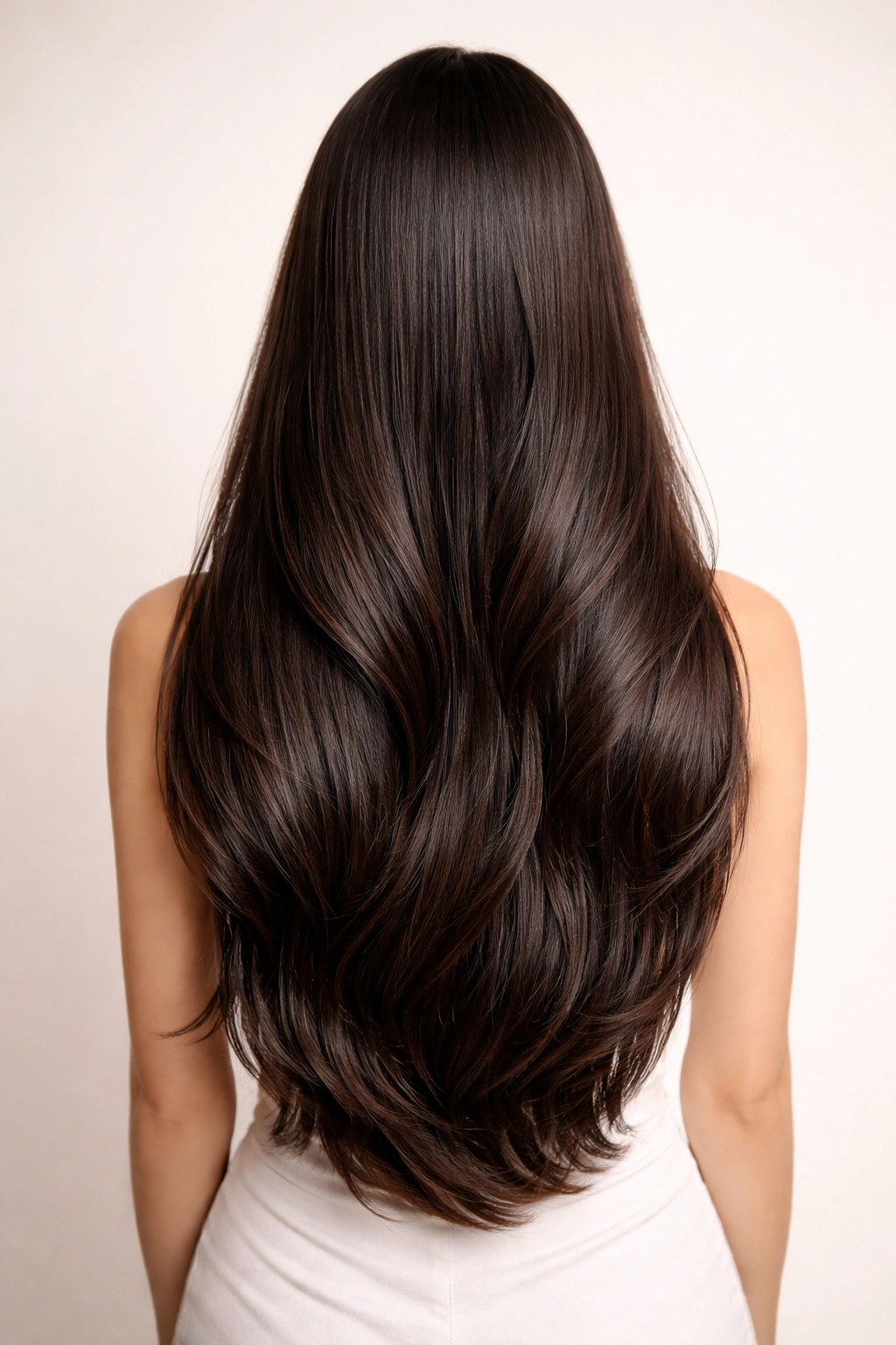 Back view of long, healthy hair flowing down the back.