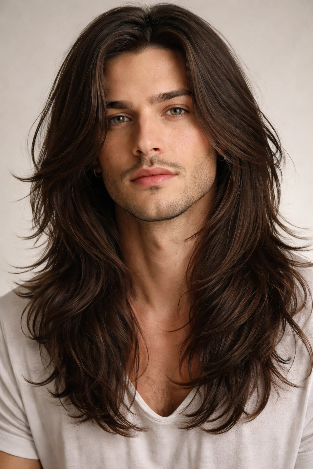 Portrait showing long layered hair with chin-level layers and face-framing pieces.