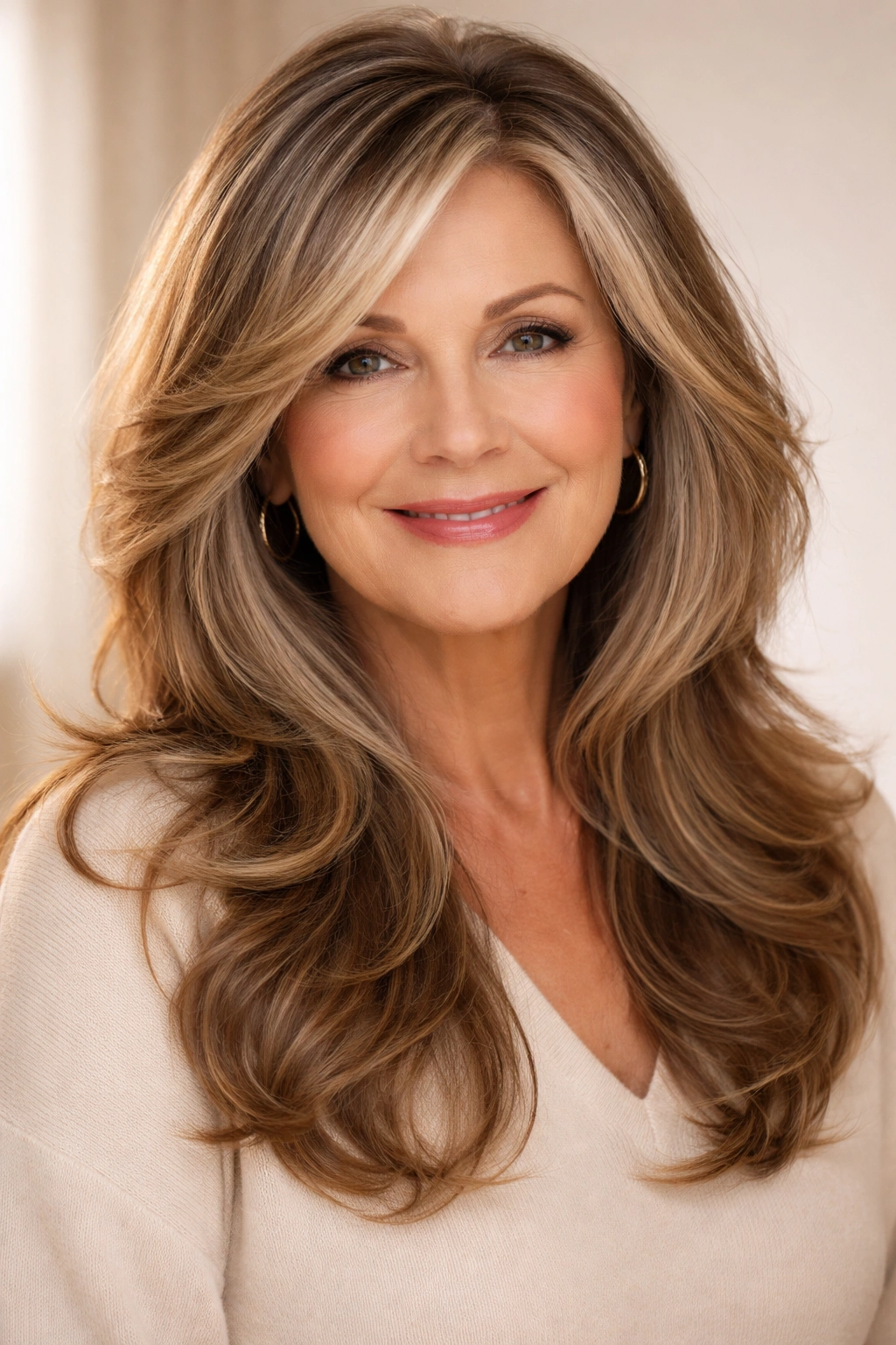 Long hair with face-framing layers and dimensional balayage highlights
