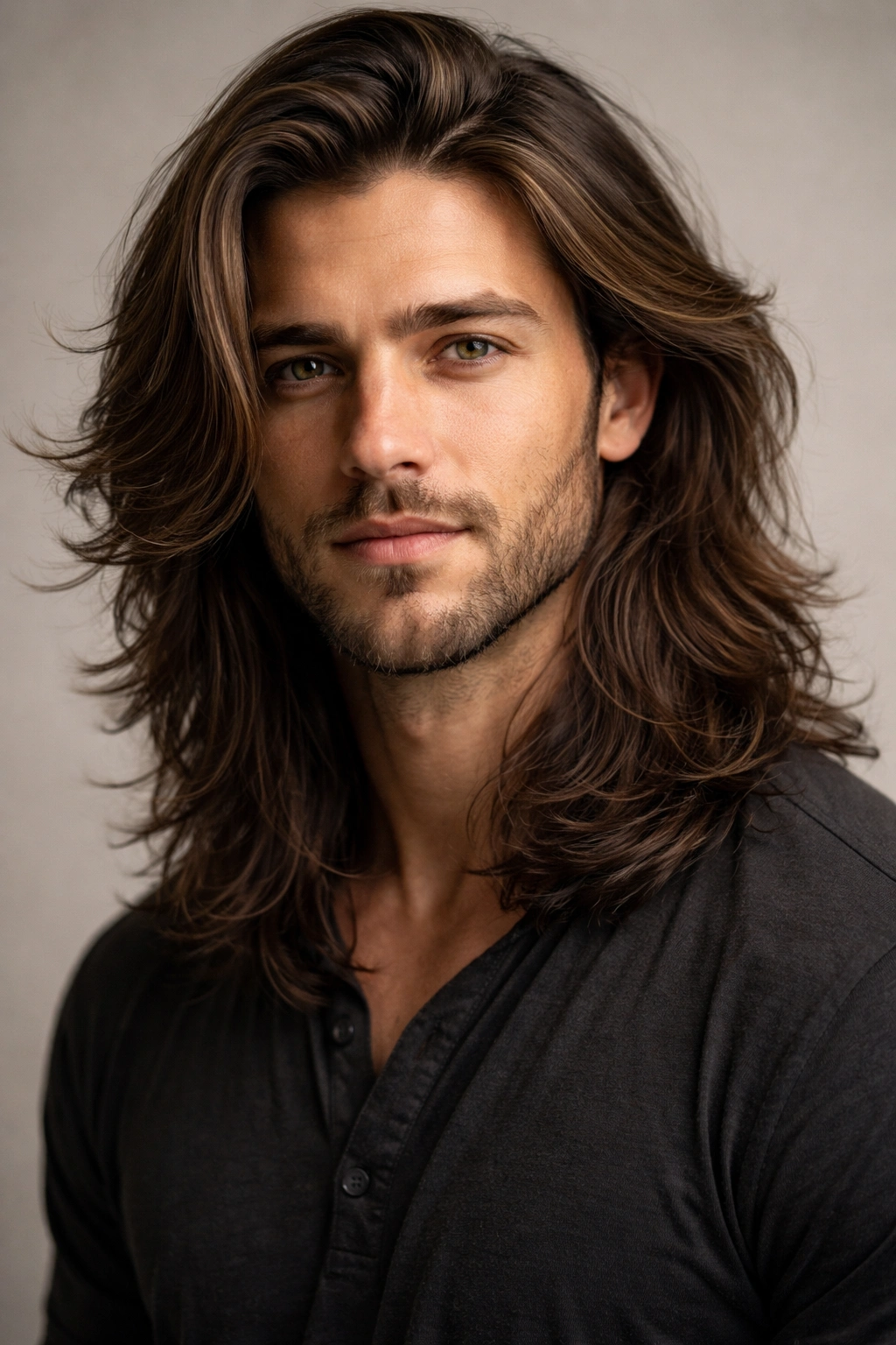 Portrait of a man with long layered hair showing length and texture blending a cowlick