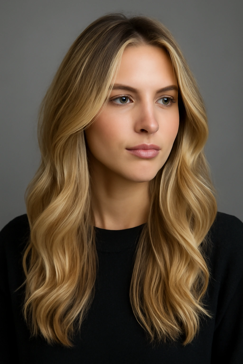 Close-up of long layered hair with dimensional blonde highlights and textured waves