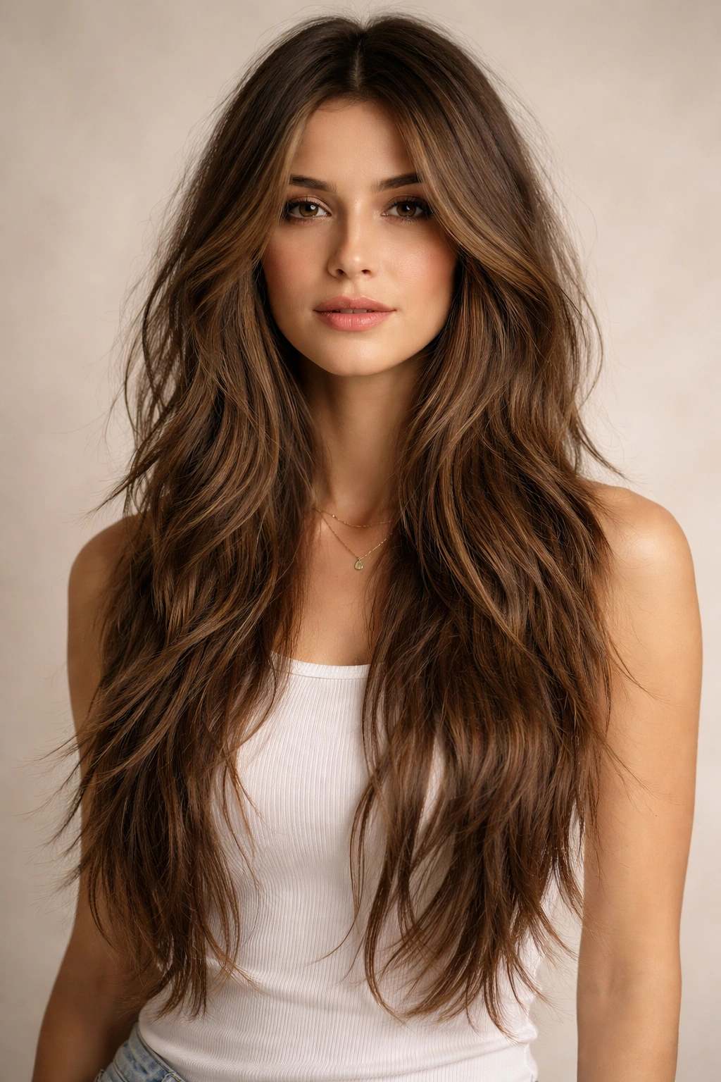 Portrait of a person with long hair featuring textured, choppy layers throughout