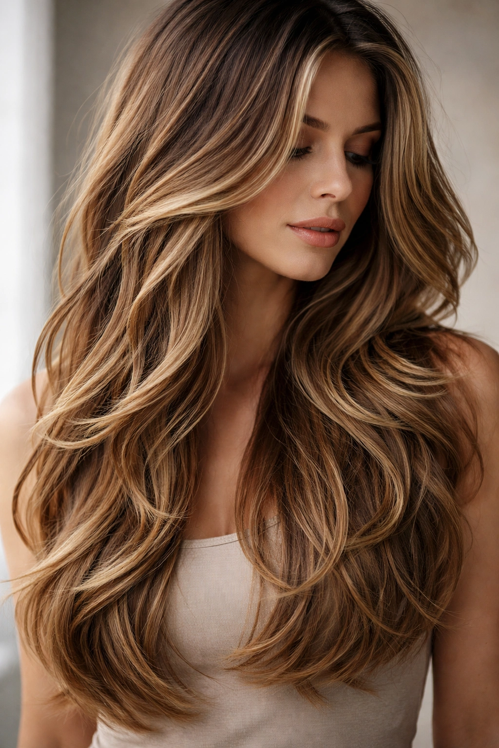 Close-up of long hair with multiple textured layers and movement