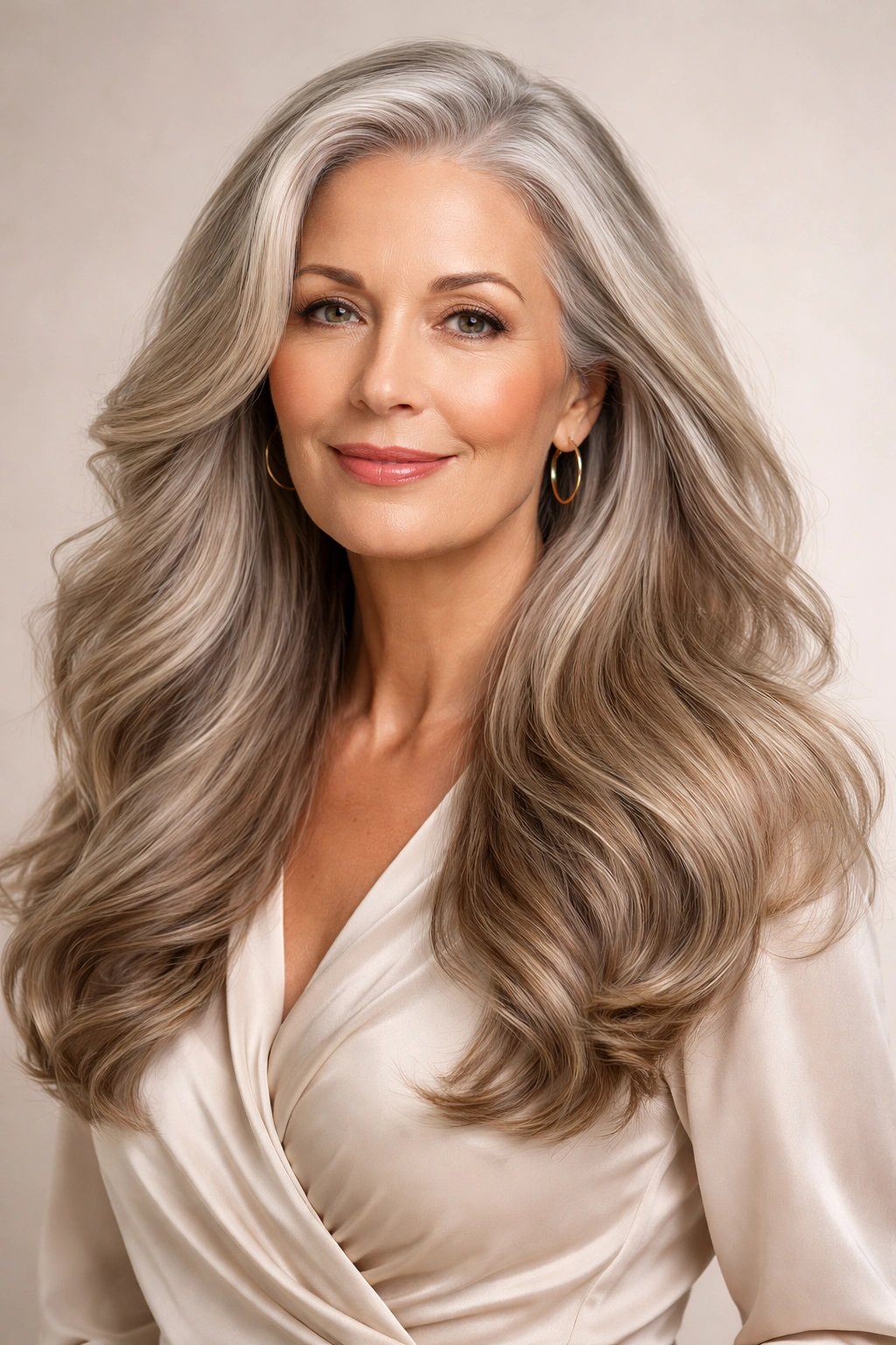 Close-up portrait of an elegant older woman with long, wavy hair.
