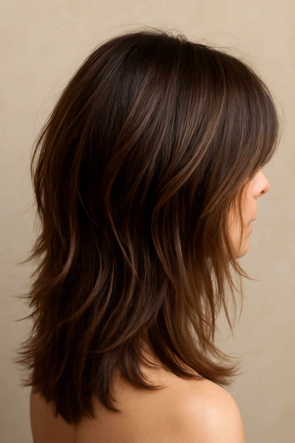 25 Medium Haircuts You’ll Want to Try Immediately 25 Close-up of long hair with disconnected piece-y layers showing movement and texture in studio lighting