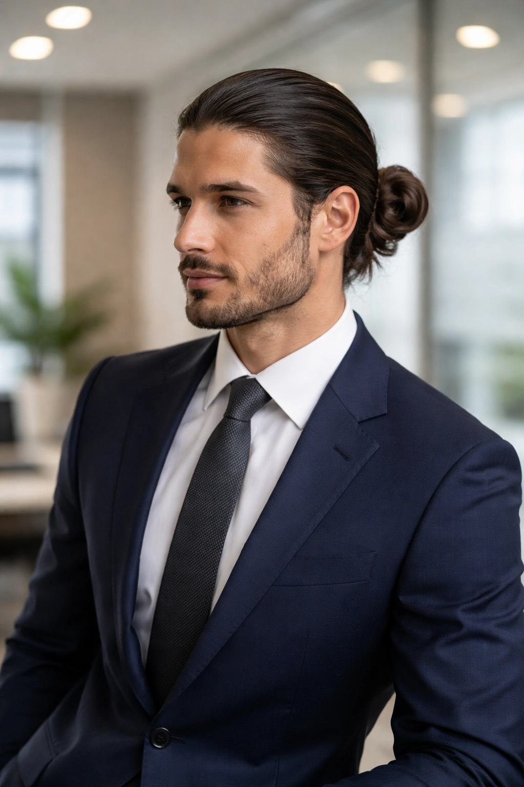 Long-haired professional with neatly tied low bun in modern office setting