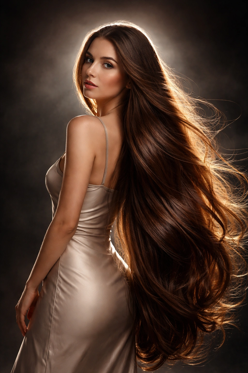 Person with exceptionally long hair in a dramatic studio