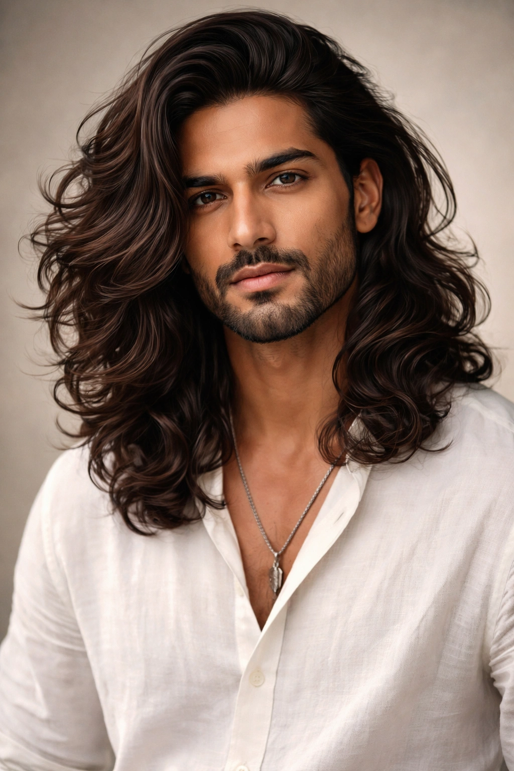 Man with shoulder-length wavy hair in studio lighting