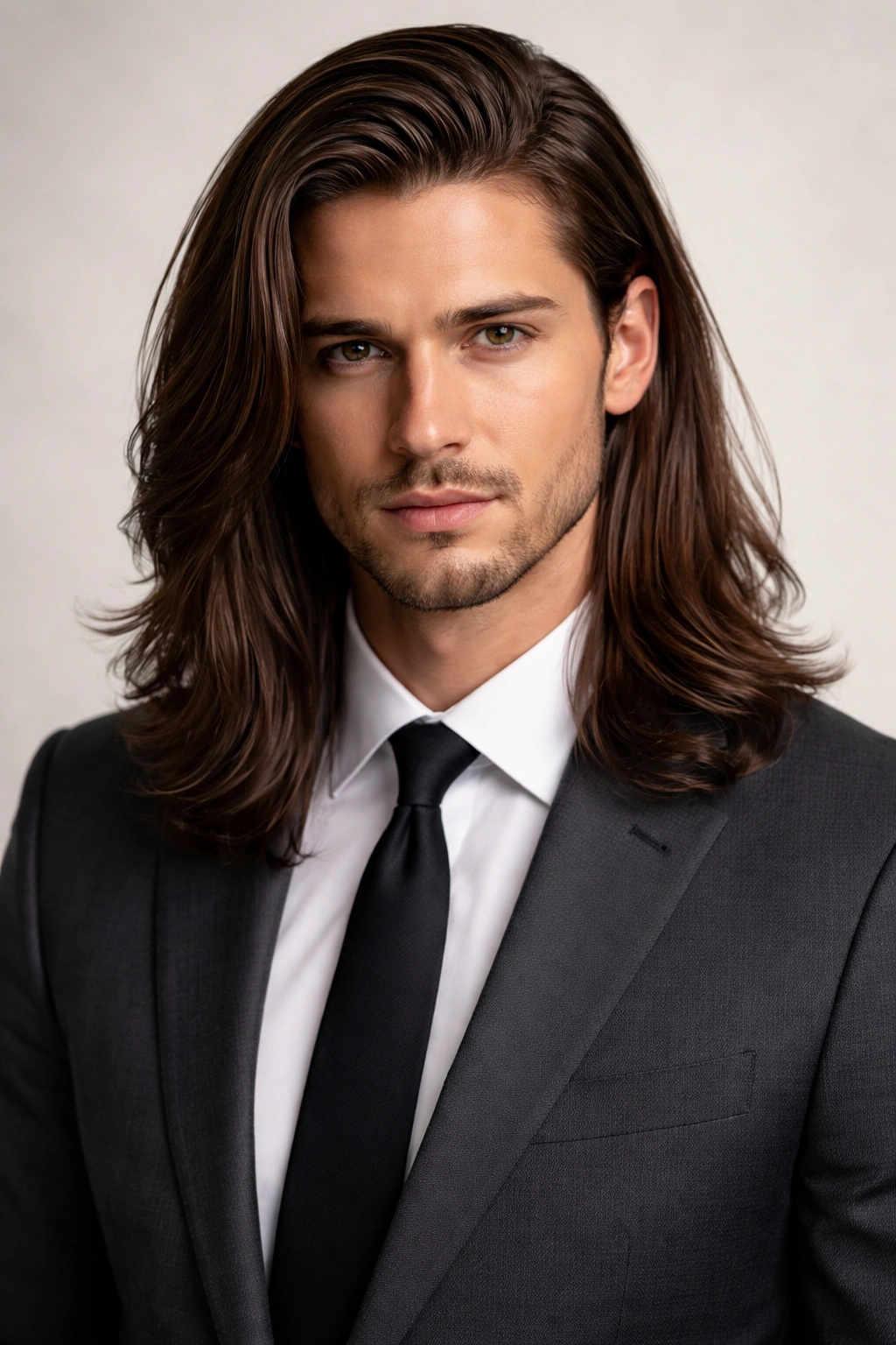 Man with long hair neatly parted to one side
