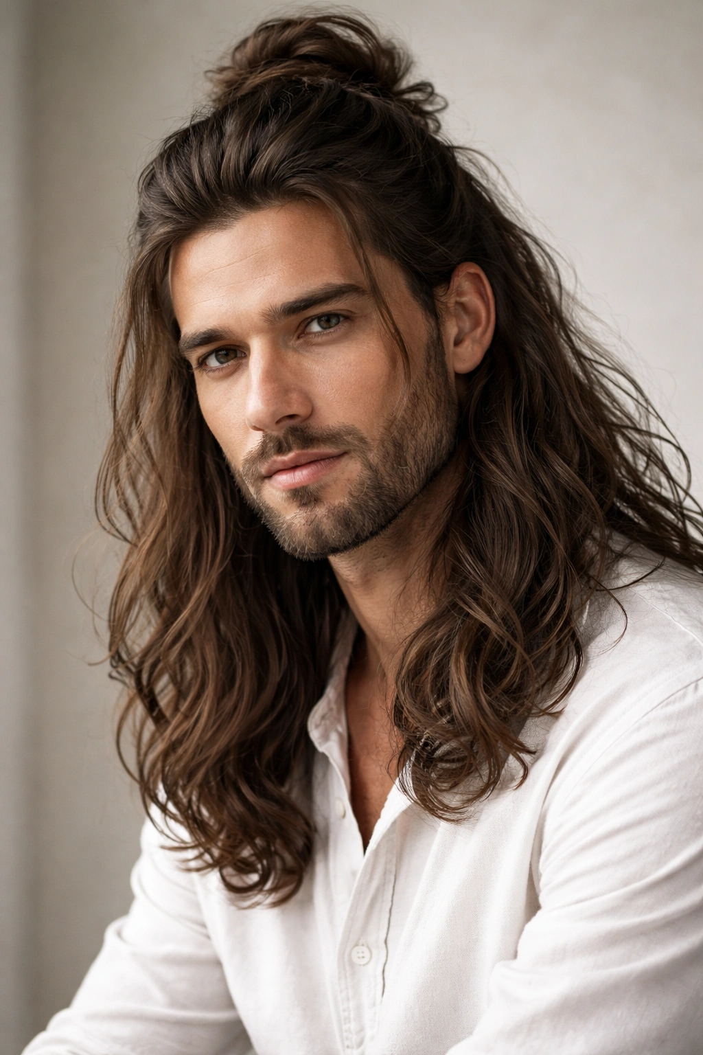 Portrait of a man with long hair in a studio, focusing on grooming and texture