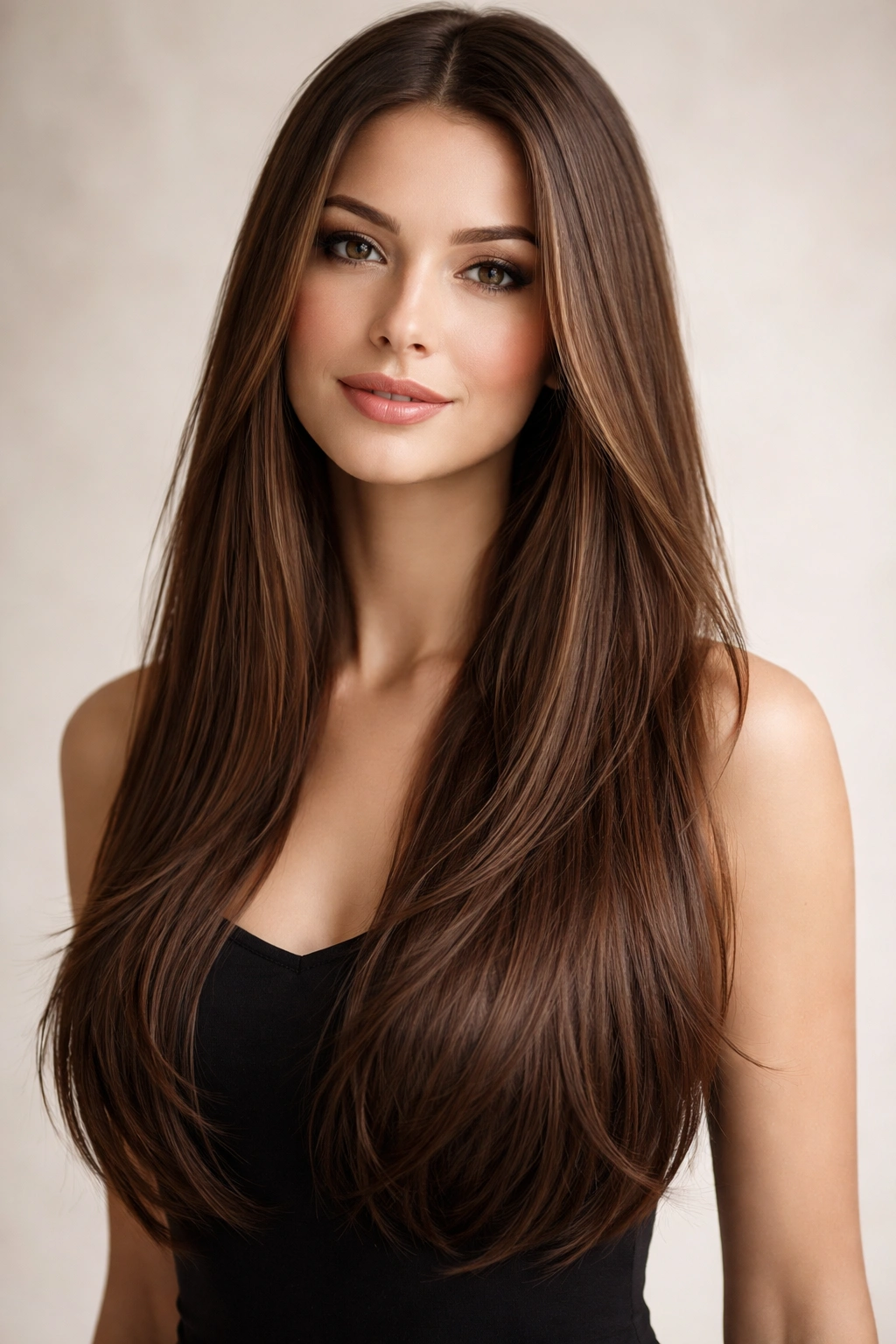 Close-up of long straight hair with subtle layers, healthy and glossy.