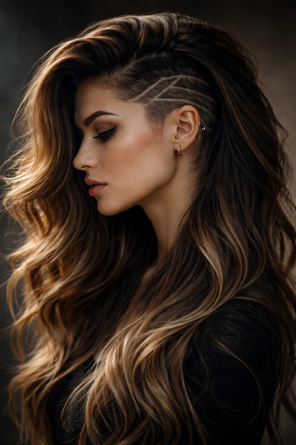 Long flowing hair with a revealed undercut design when swept to the side